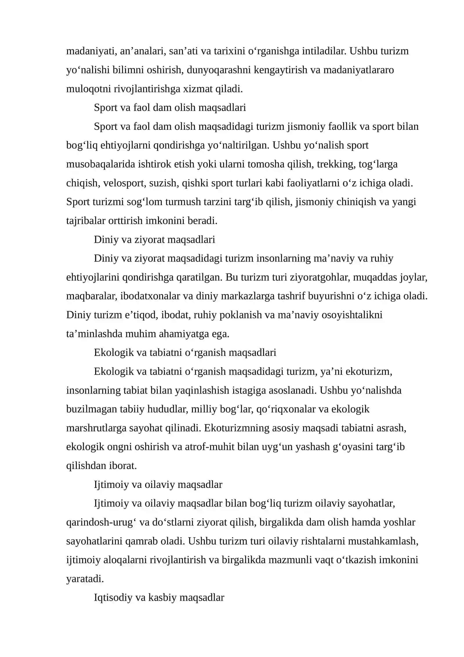 Turizm maqsadlari va ularning tasnifi 2