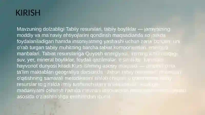 JAHON TABIIY RESURSLARI MAVZUSINI O’QITISH METODIKASI 2