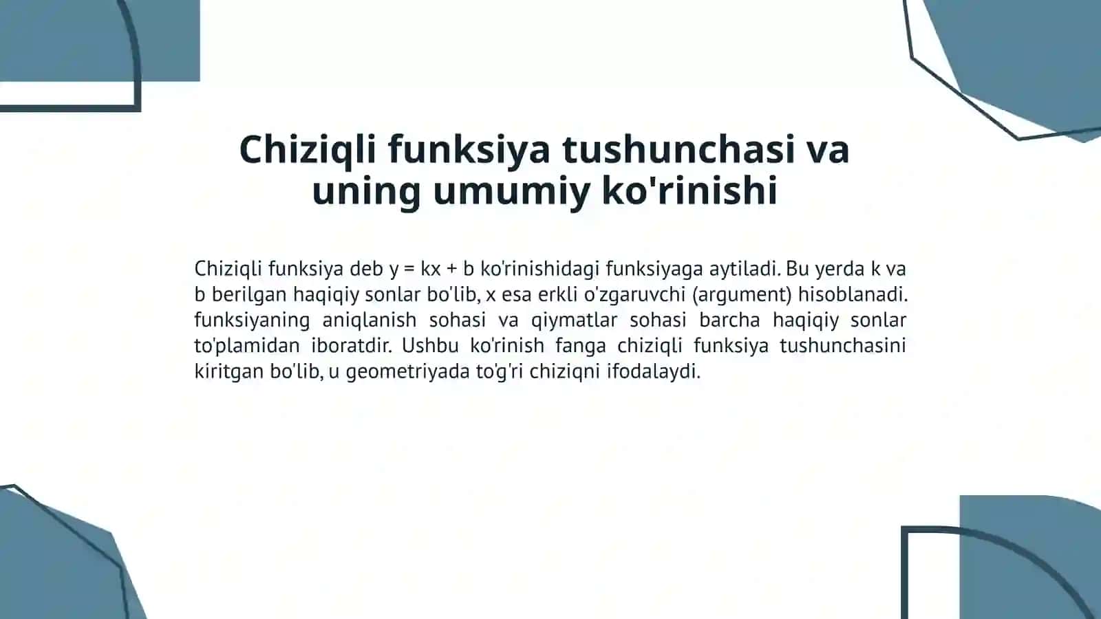 Chiziqli funksiya va uning xossalari: Reja va asosiy tushunchalar 2