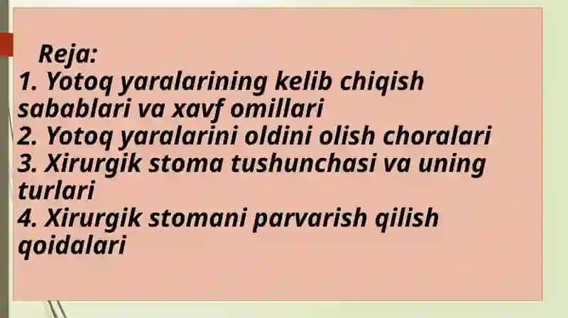 Bemorlarda yotoq yaralarini oldini olish. Xirurgik stomat. parvarish qilish 2