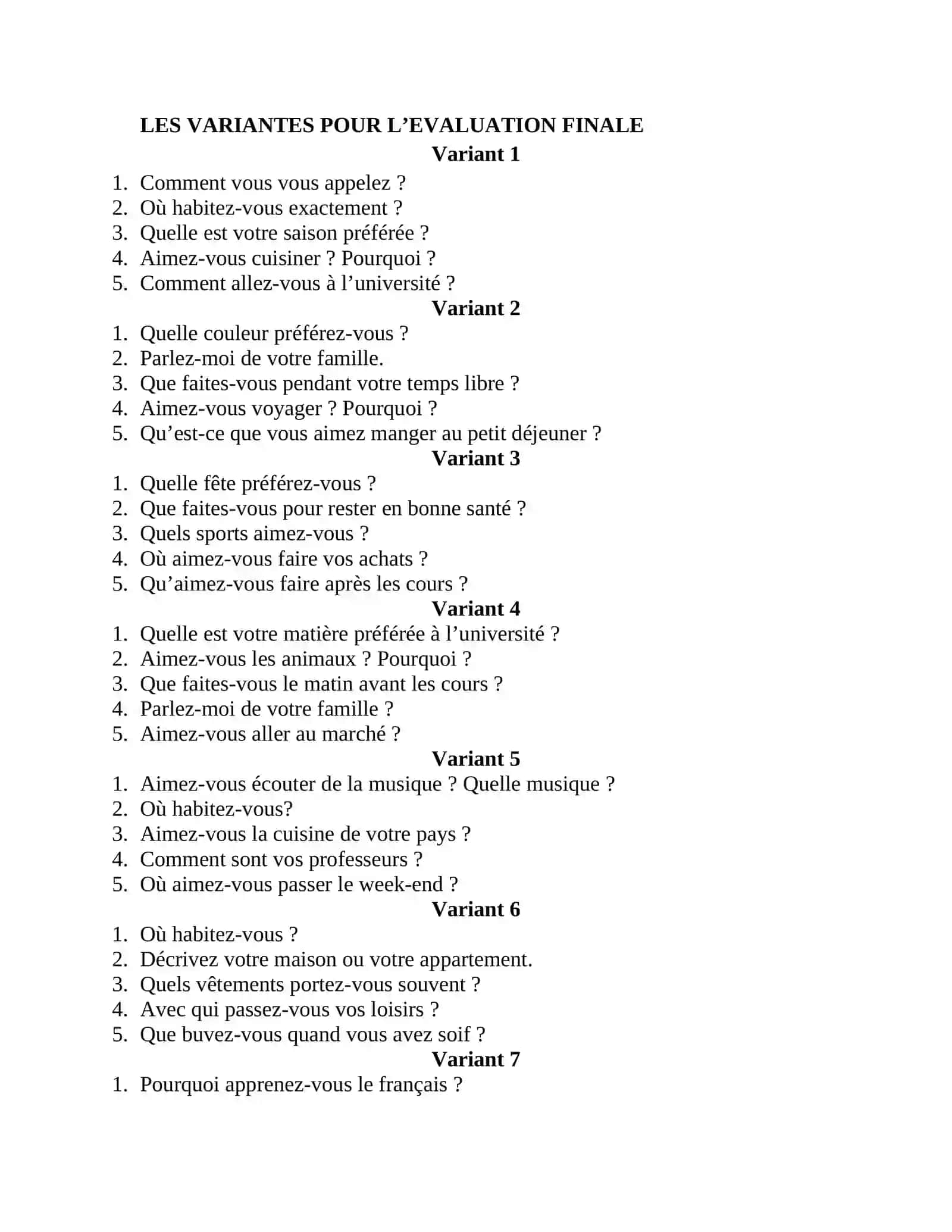 LES VARIANTES POUR L’EVALUATION FINALE 2