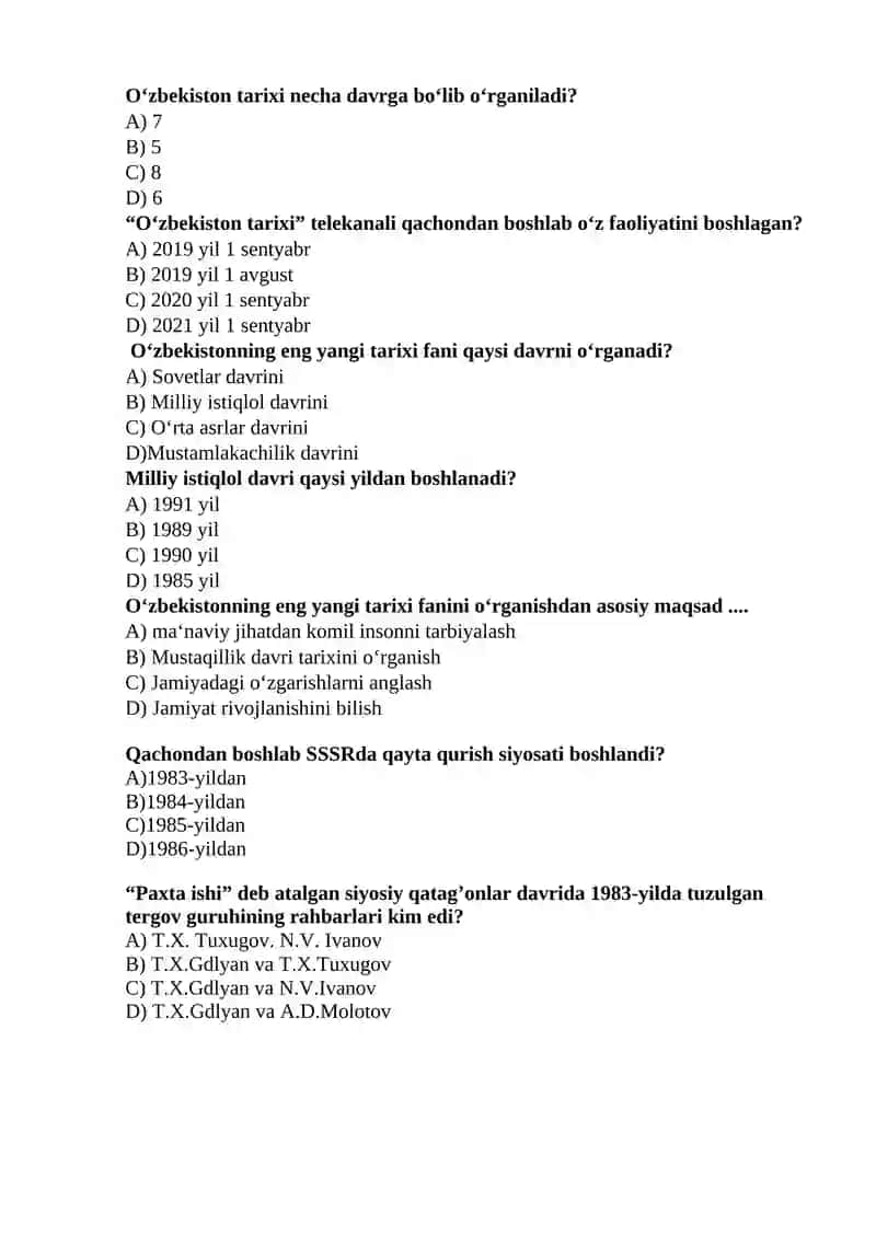 O‘zbekistonning eng yangi tarixi fanidan yakuniy nazorat test savollari (200 ta) 2
