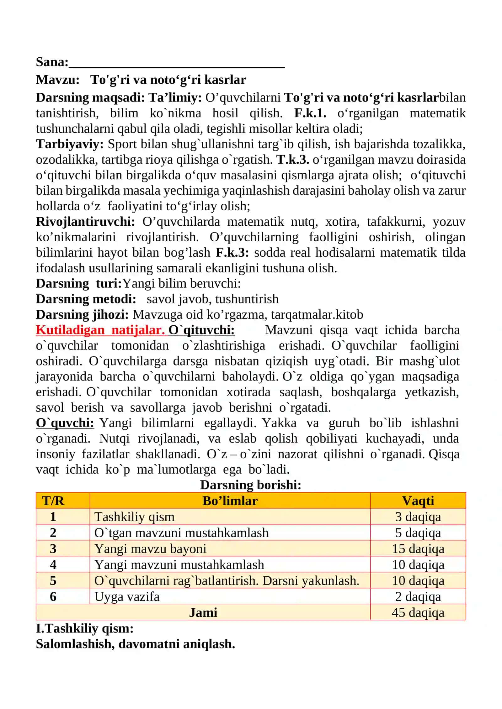 To'g'ri va noto‘g‘ri kasrlar mavzusida 4-sinf Matematika fanidan dars ishlanmasi 2