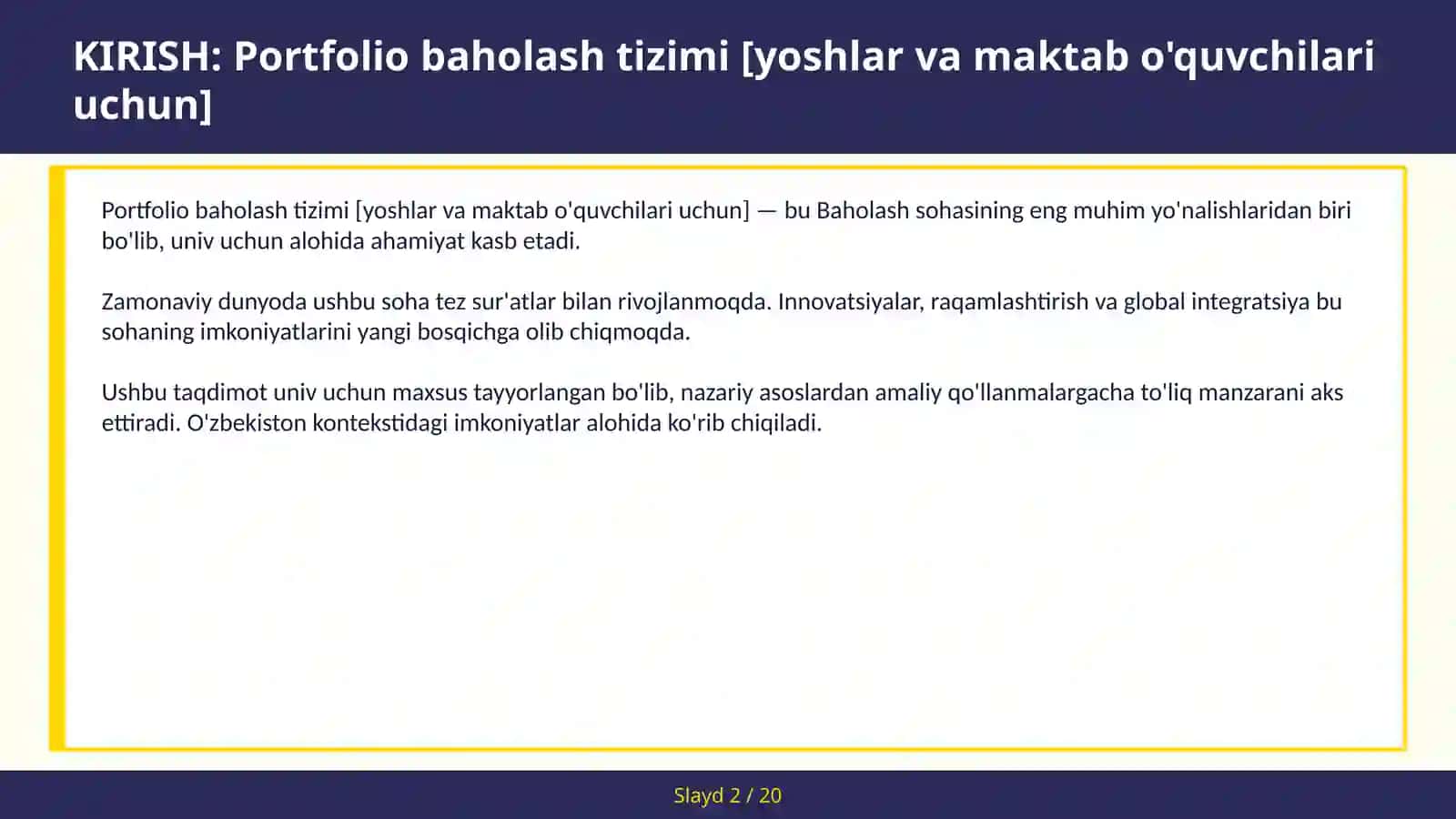 Portfolio baholash tizimi [yoshlar va maktab o'quvchilari uchun] 2