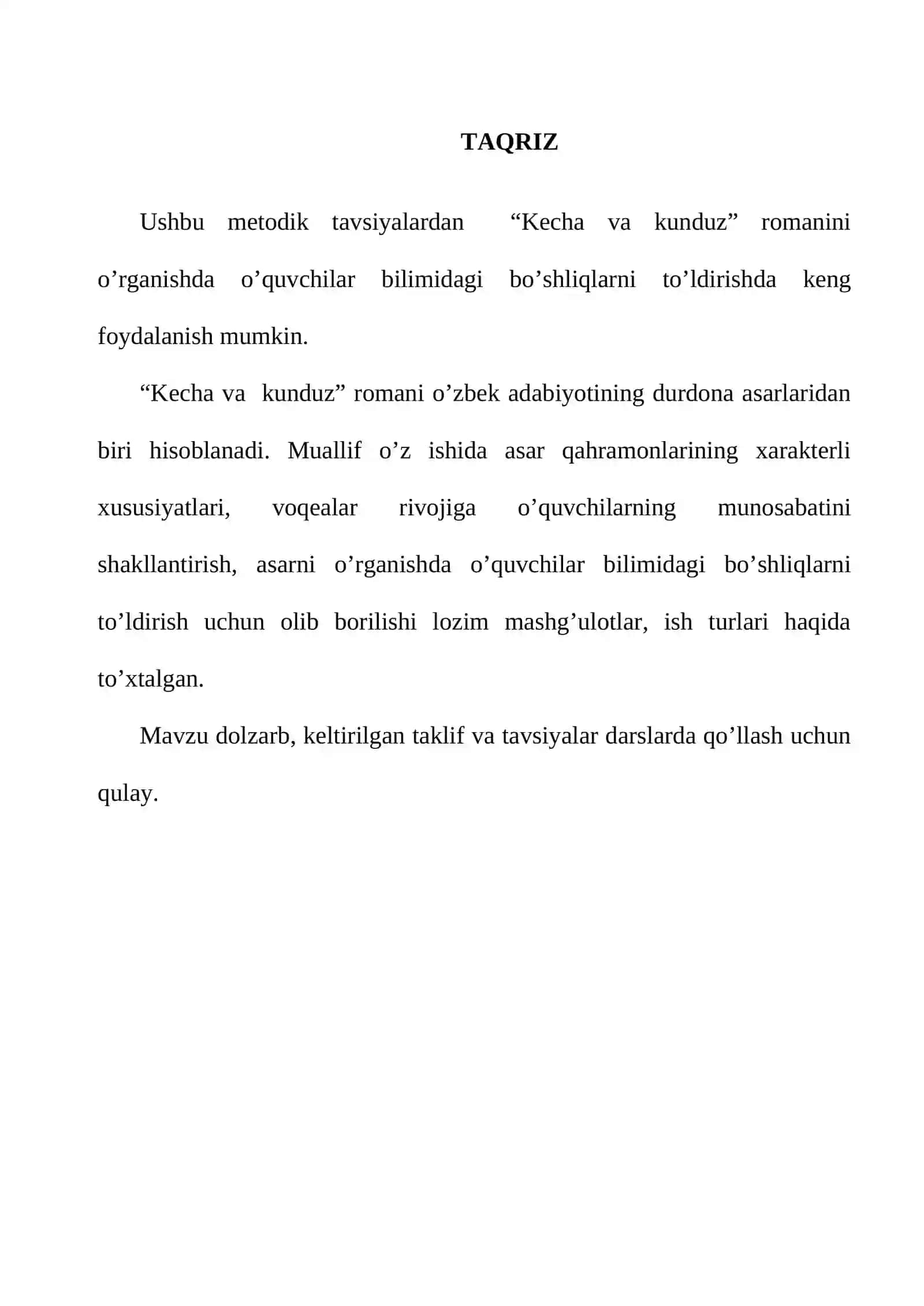 METODIK  TAVSIYASI  MAVZU: ”KECHA VA KUNDUZ 2