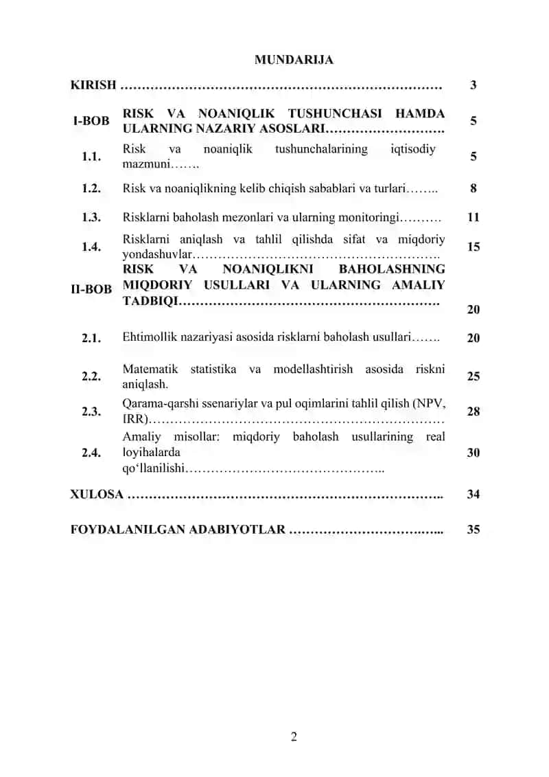 "RISK VA NOANIQLIKNI BAHOLASHNING MIQDORIY USULLARI" KURS ISHI 2