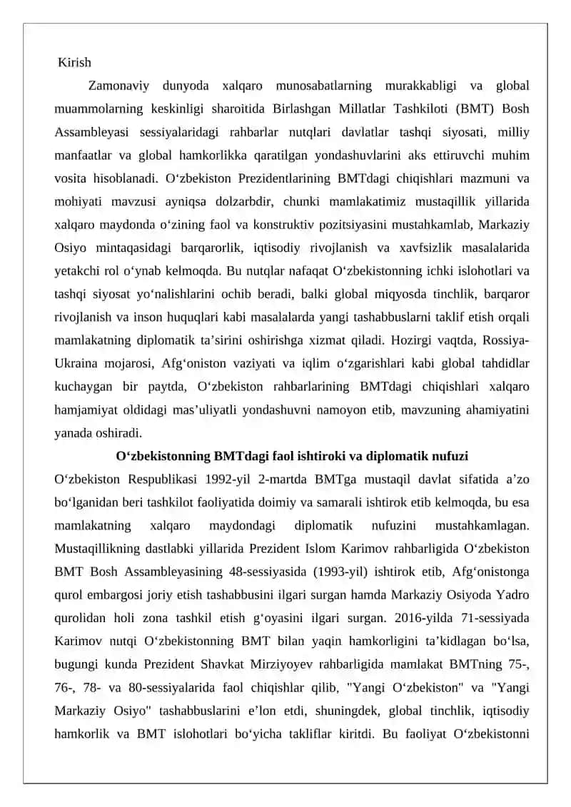 O‘zbekiston Prezidentlarining BMTdagi chiqishlari mazmun mohiyati 2