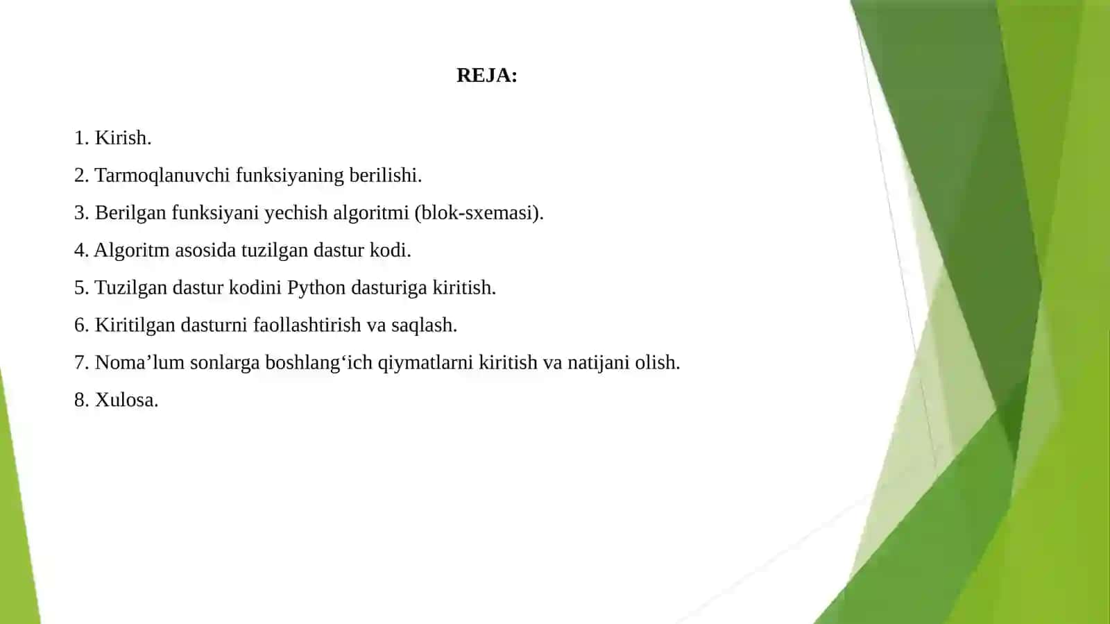 Python dasturida tarmoqlanuvchi funksiyalarni yechish ketma-ketligi bo‘yicha hisobot tayyorlash 2