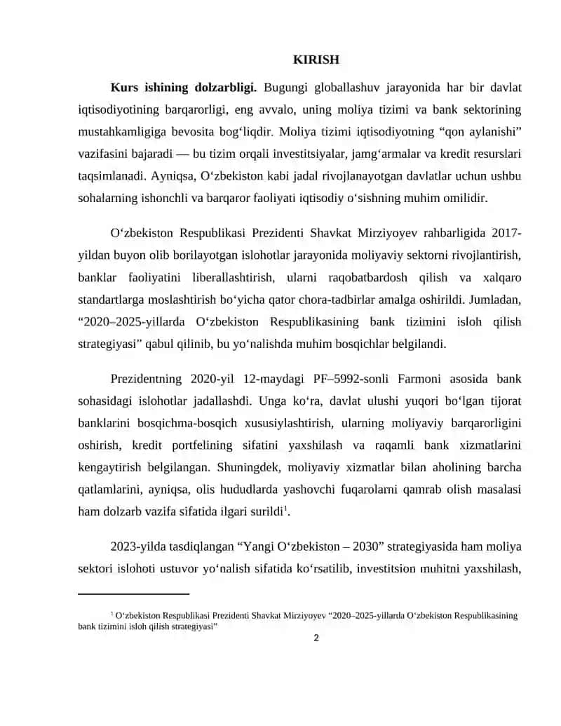 Mamlakat iqtisodiyotini rivojlantirishda bank sektori va moliya tizimining barqarorligini ta’minlash yo’llari 2