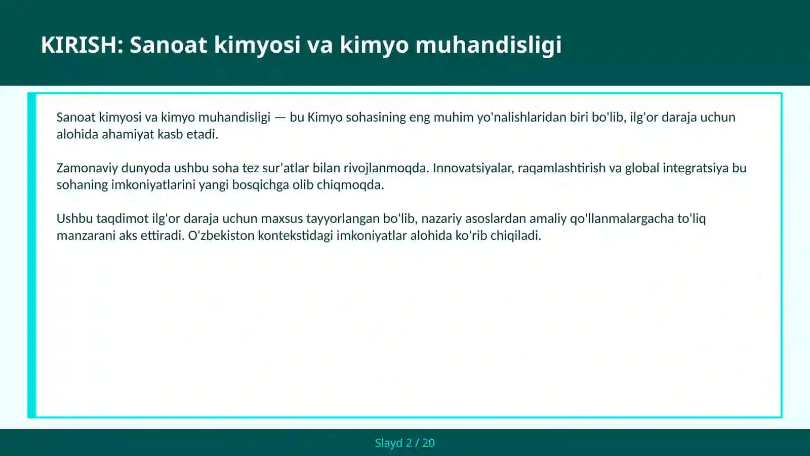 Sanoat Kimyosi va Kimyo Muhandisligi 2