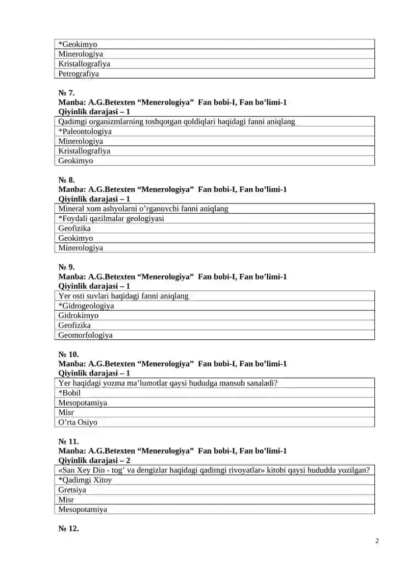 Geologiya, Minerologiya va Geodeziya test 2