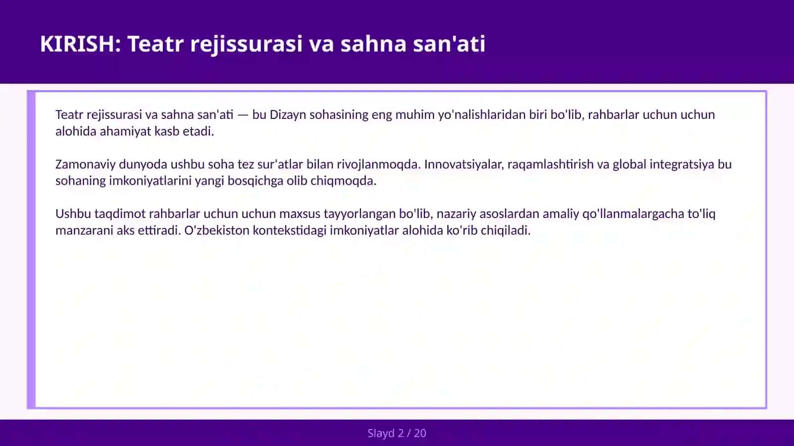 Teatr Rejissurasi va Sahna San'ati 2