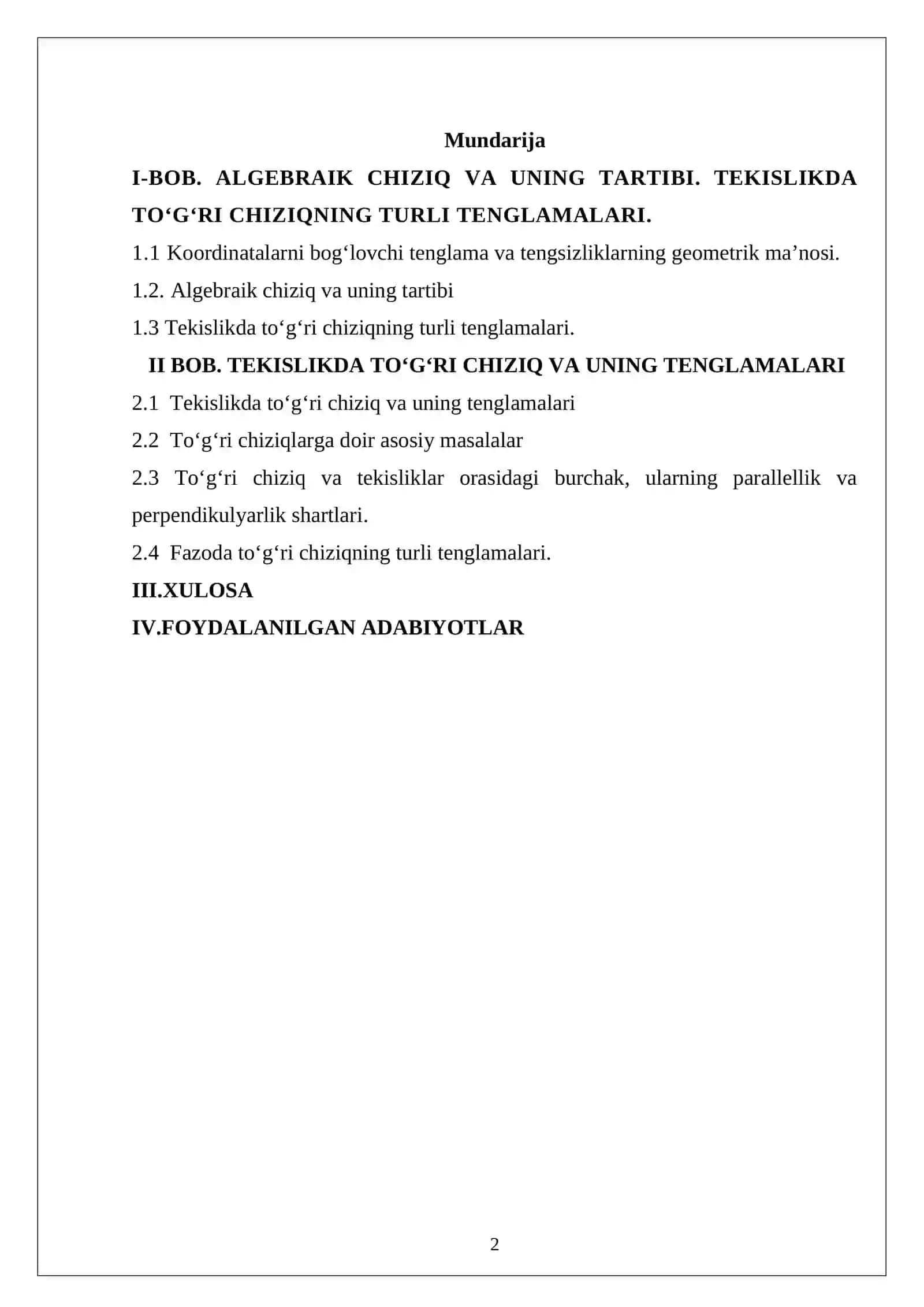 Algebraik chiziq va uning tartibi. To'g'ri chiziqning turli tenglamalari 2