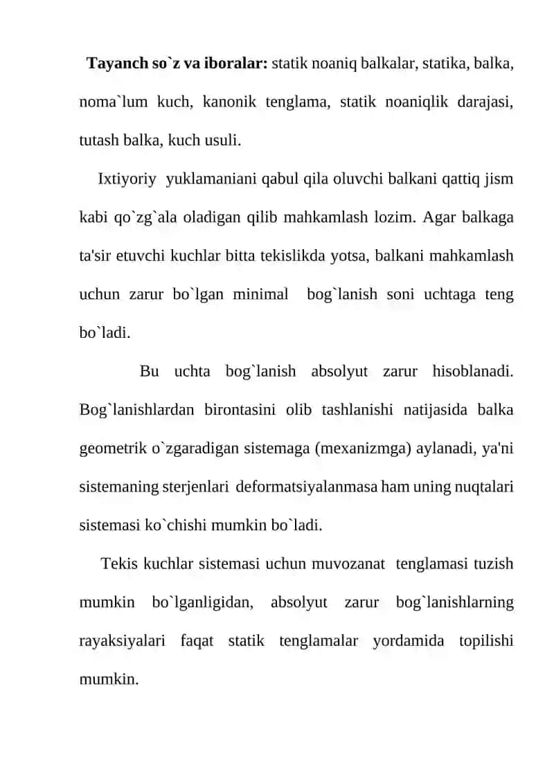 STATIK NOANIQ SISTEMALARNI TAYANCHLAR CHO’KISHGA HISOBLASH 2