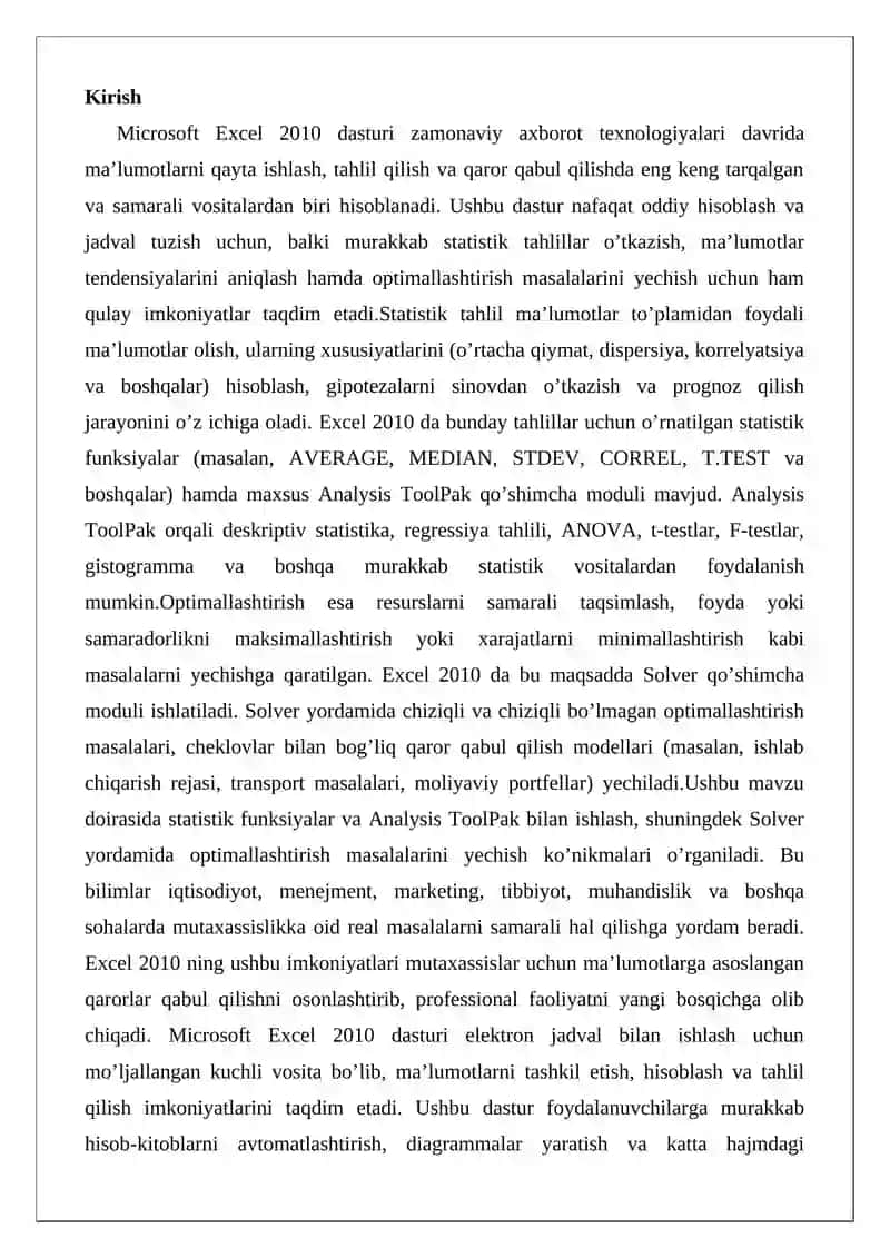 Microsoft Excel 2010 dasturida statistik tahlillar va optimallashtirish 2
