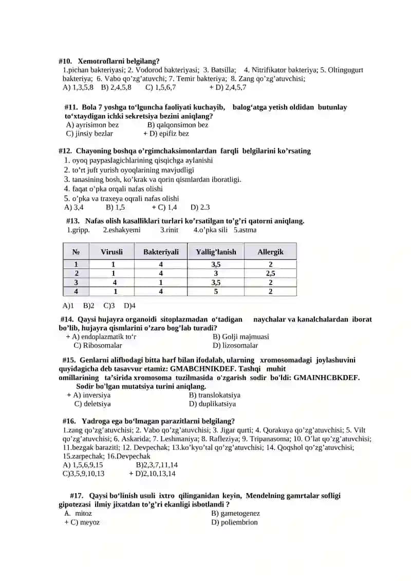Biologiya fanidan test savollari 2