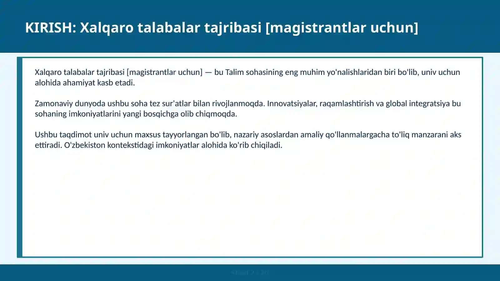 Xalqaro talabalar tajribasi [magistrantlar uchun] 2