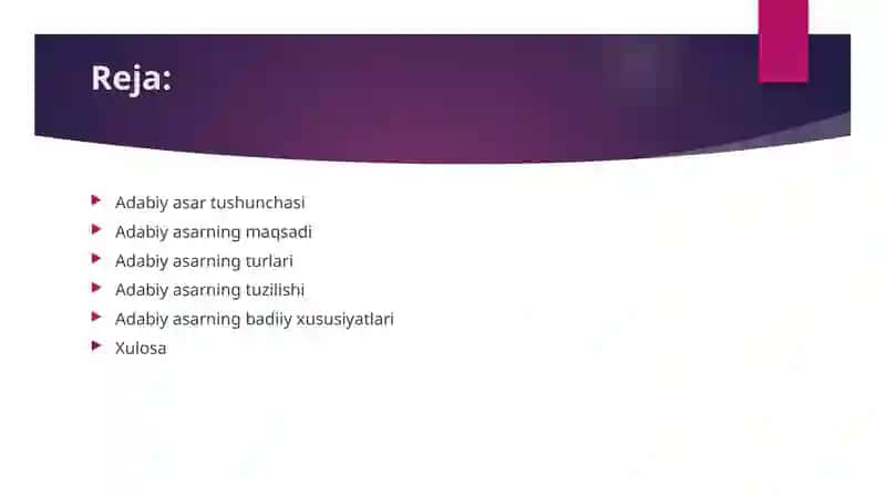 "Adabiy asar haqida" taqdimot (slayd) 2