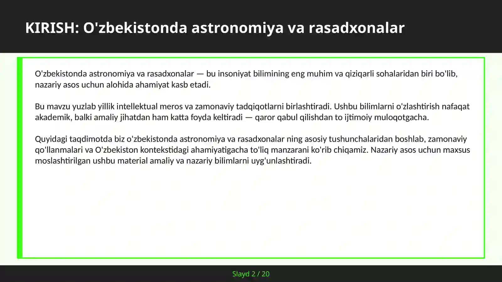 O'ZBEKISTONDA ASTRONOMIYA VA RASADXONALAR 2