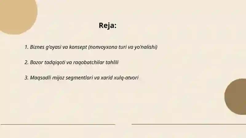Biznes reja start up nonvoyxona uchun 2