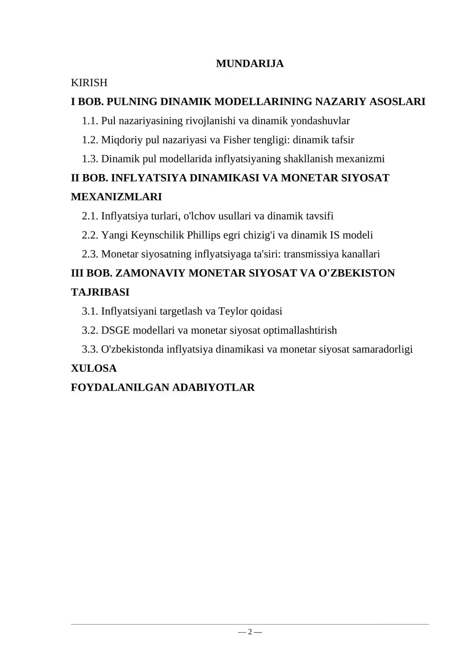 PUL va INFLYATSIYA DINAMIKasi 2