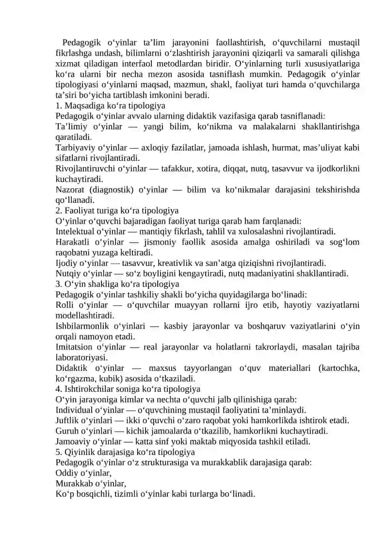 PEDAGOGIK O'YINLAR TIPOLOGIYASI 2