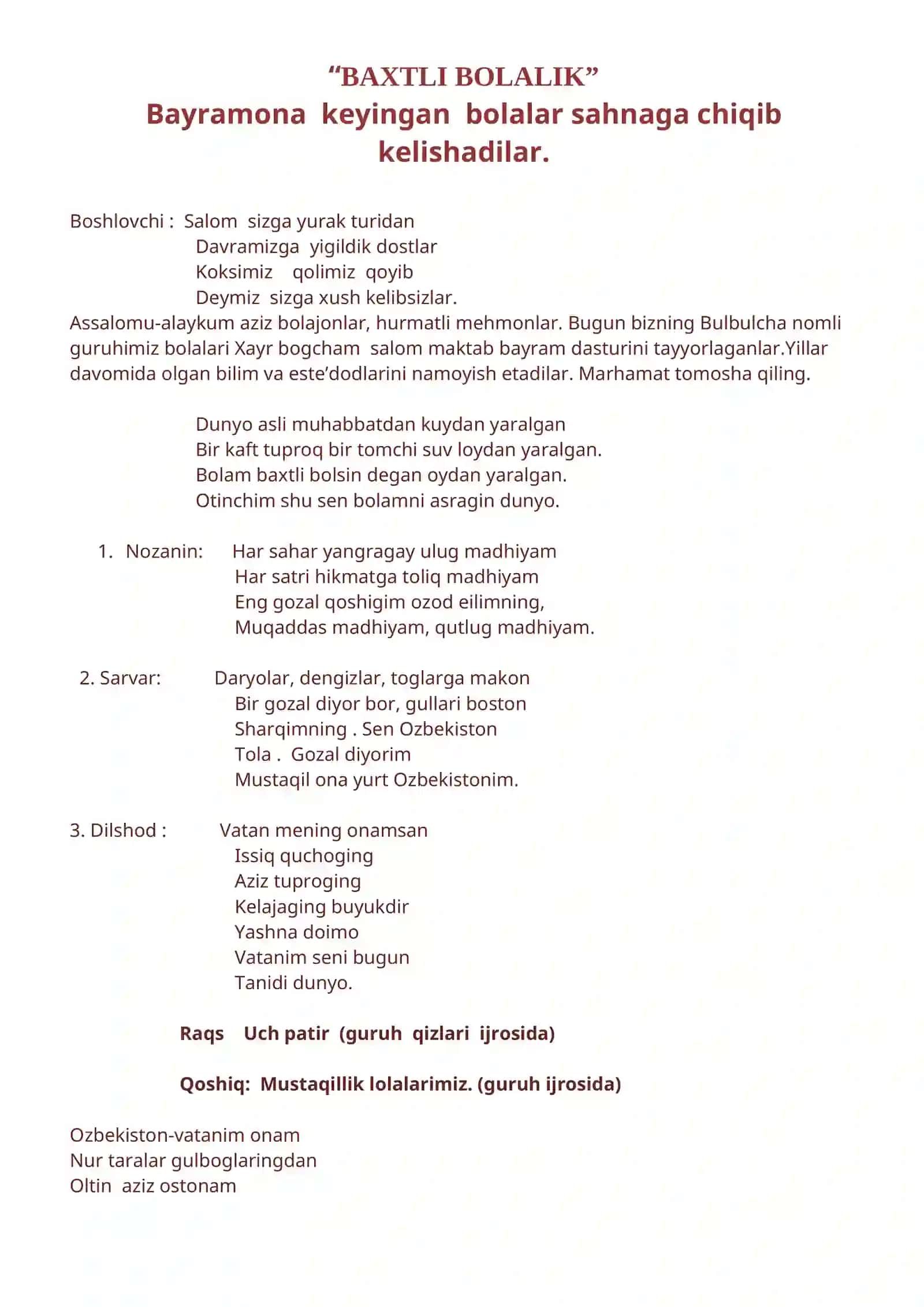 "Baxtli bolalik" bayrami senariysi 2