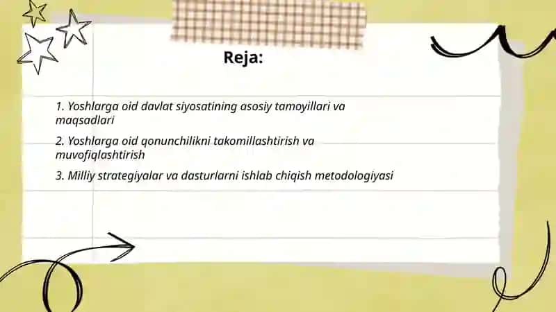 Yoshlarga oid davlat siyosatining izchil va samarali tashkil etish 2