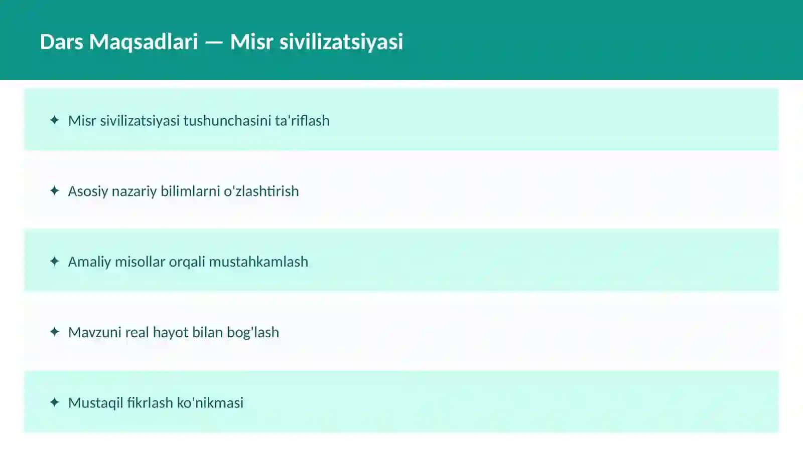 O'qituvchilar va talabalar uchun dars ishlanma: Misr sivilizatsiyasi 2