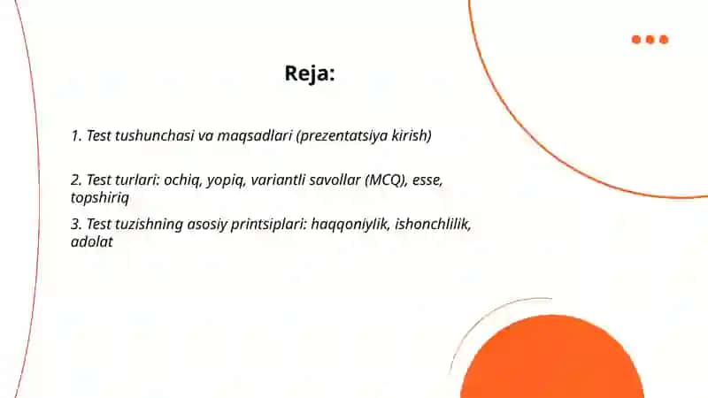 Testlar va uni tuzish metodikasi PPT 2