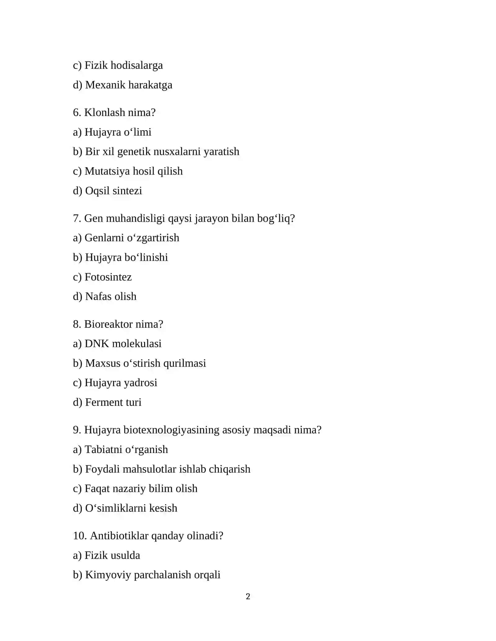 Hujayra biotexnologiyasi test 2