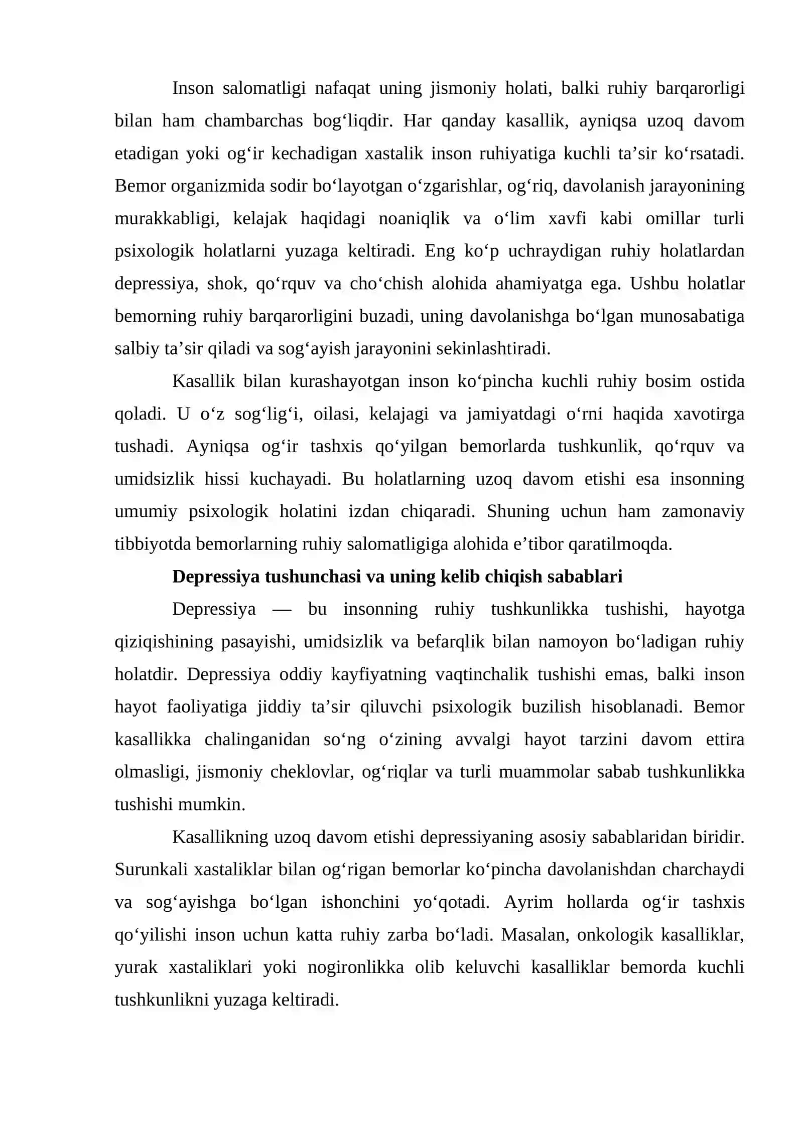 BEMORLARNING RUHIY HOLATI «DEPRESSIYA, SHOK, QO‘RQUV, CHO‘CHISH, IPOXONDRIYA, O‘ZINI AYBDOR XIS QILISH», SUITSIDAL FIKRLASH 2