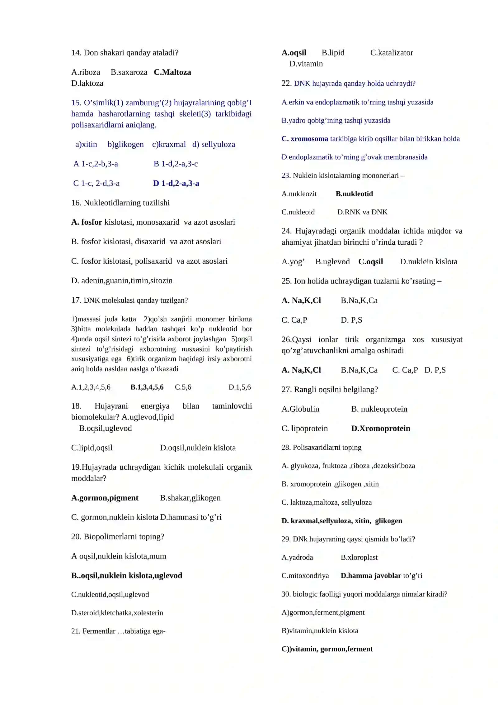 Moddalar almashinuvi 30talik test 2