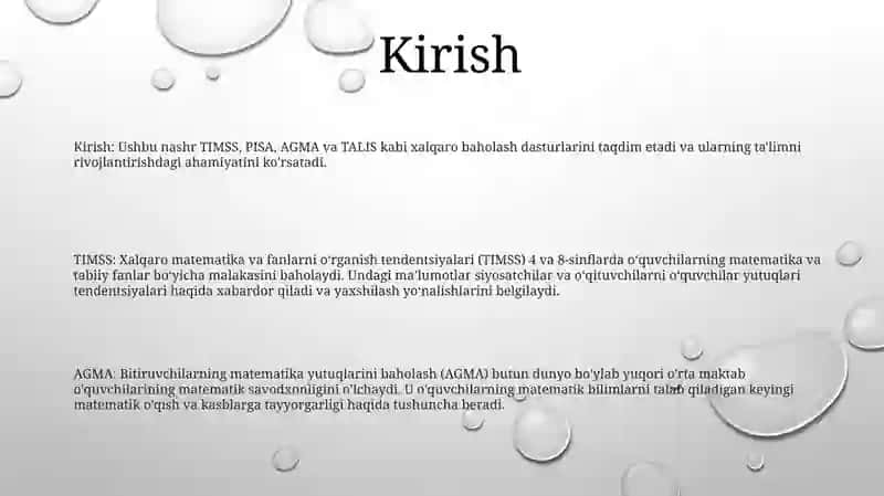 Timss, Pisa, Agma, Talis Xalqaro Baholash Dasturlari 2