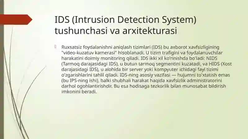 Ruxsatsiz foydalanishni aniqlash uslubiyati va IDS intrusion detection system 2