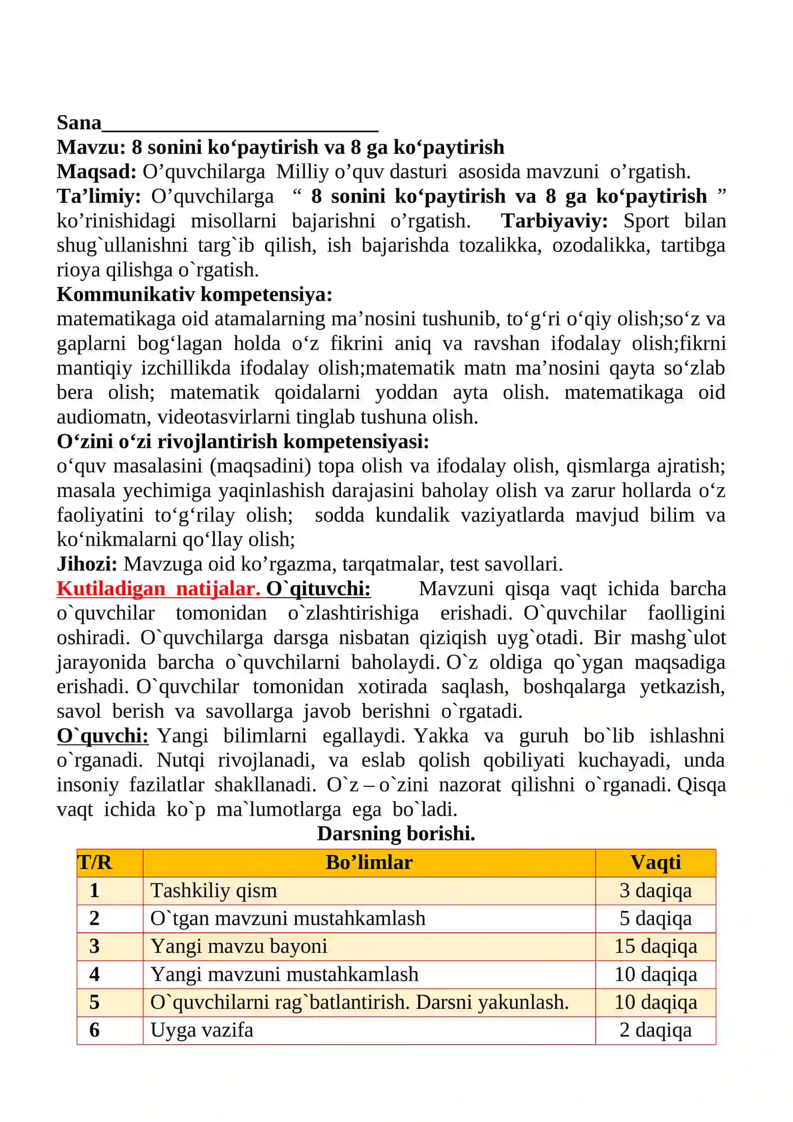 8 sonini ko‘paytirish va 8 ga ko‘paytirish mavzusida 2-sinf matematika fanidan dars ishlanmasi 2
