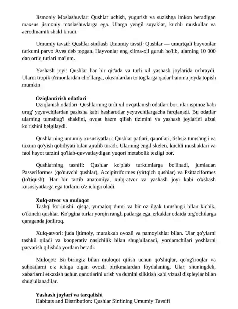 Qushlar Sinfining Umumiy Tavsifi 2