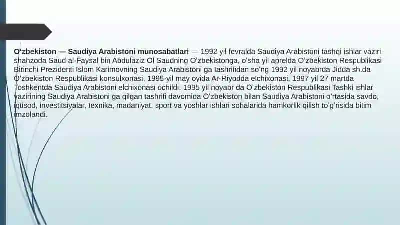 O'zbekiston va Saudiya Arabiston Iqtisodiy Aloqalari 2