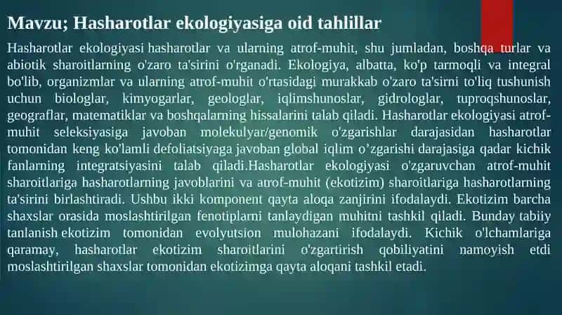 Hasharotlar Ekologiyasi 2