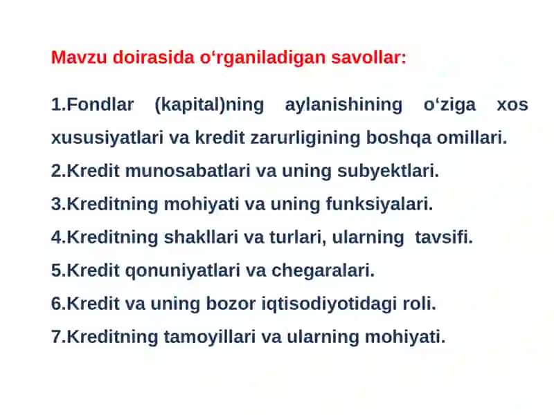 Kreditning mohiyati, zarurligi va funksiyalari. 2