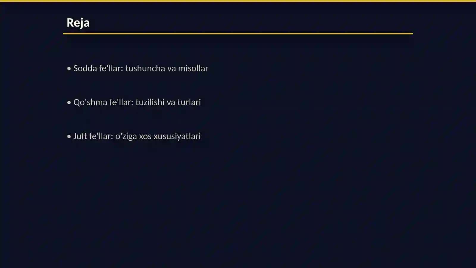 Fe'lning tuzilish jihatdan turlari:sodda va qo'shma fe'llar. Juft fe'llarning o'ziga xos xususiyatlari. Fe'lning modal ma'no ifodalovchi shakllari. Ko'makchi fe'llar 2