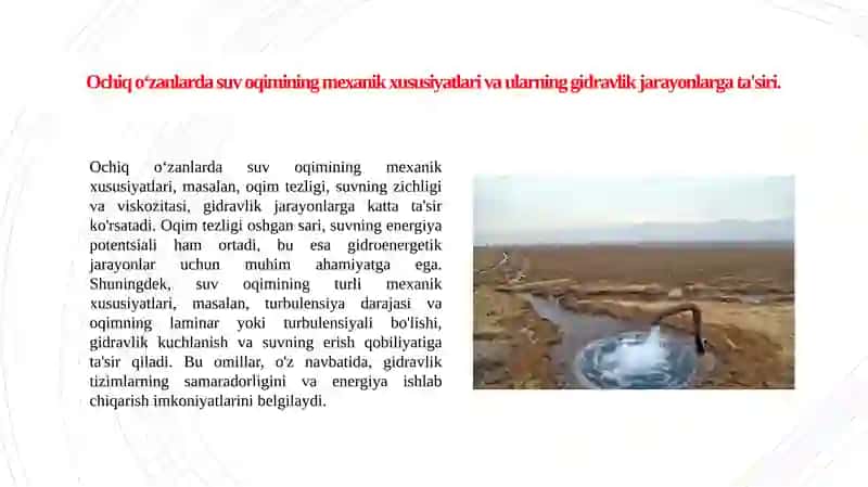 Ochiq oʻzanlarda suv suv oqimini gidravlik jarayonlar . 2