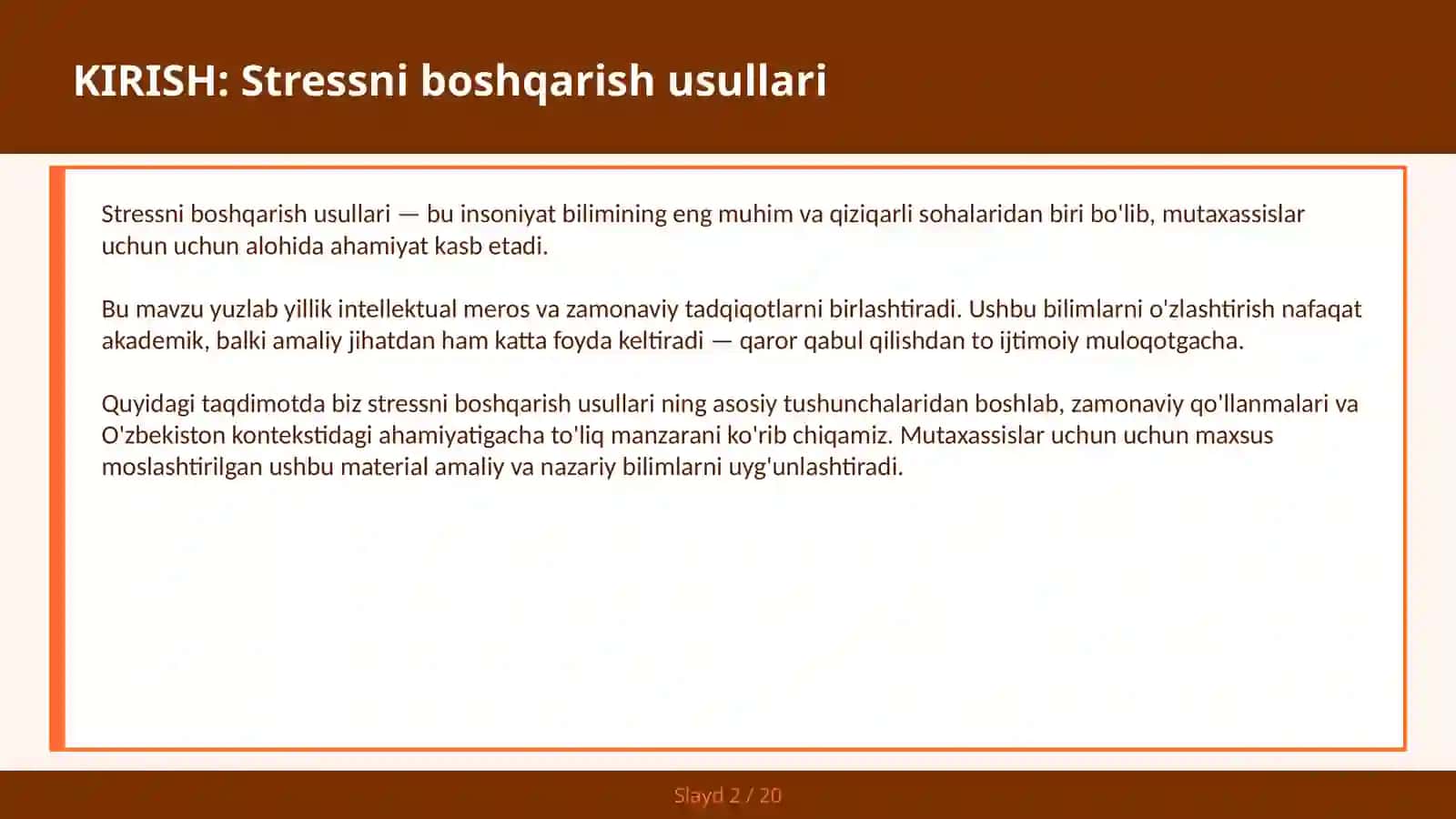 KIRISH: Stressni boshqarish usullari 2