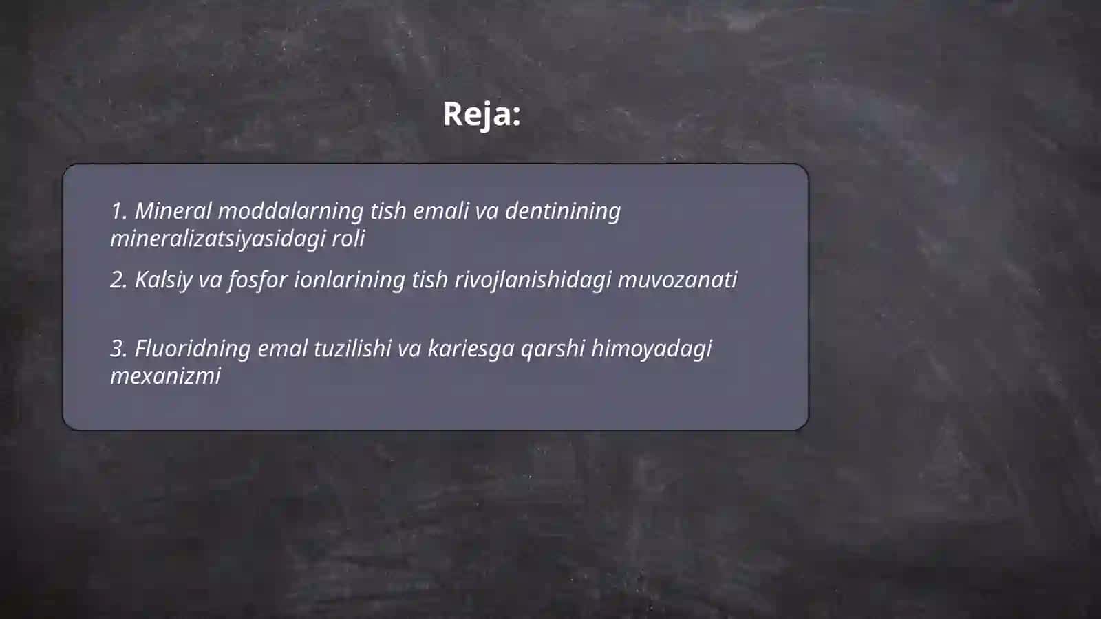 Mineral moddalarning tish taraqqiyotidagi o'rni. So‘lak tarkibi va uning ahamiyati 2