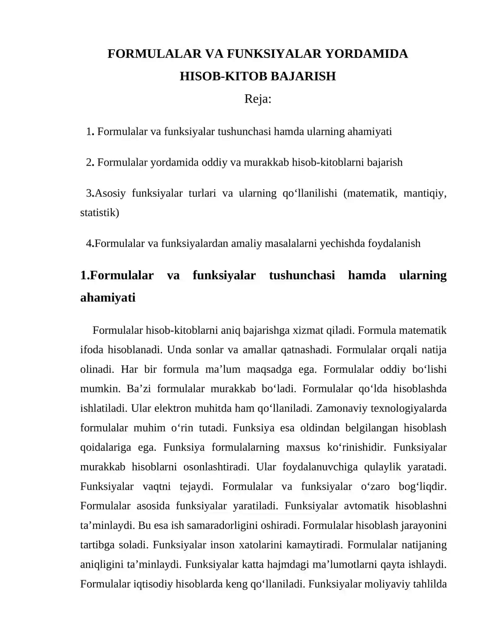 MUSTAQIL TA’LIM - FORMULALAR VA FUNKSIYALAR YORDAMIDA HISOB-KITOB BAJARISH 2
