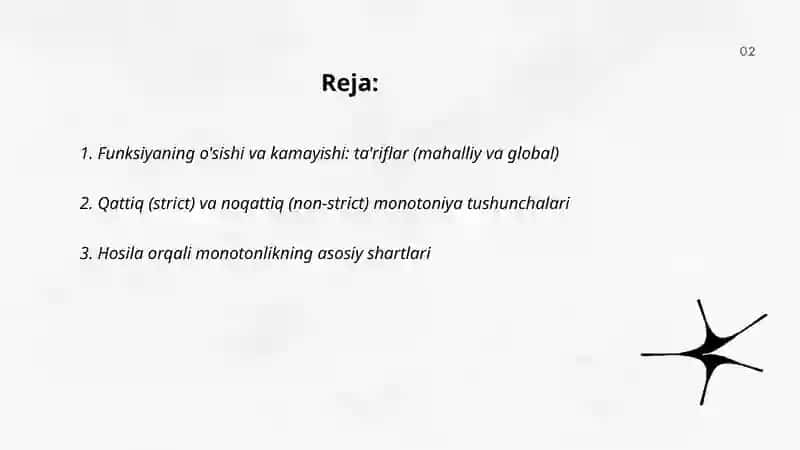 Funksiyaning o'sishi va kamayish shartlari 2