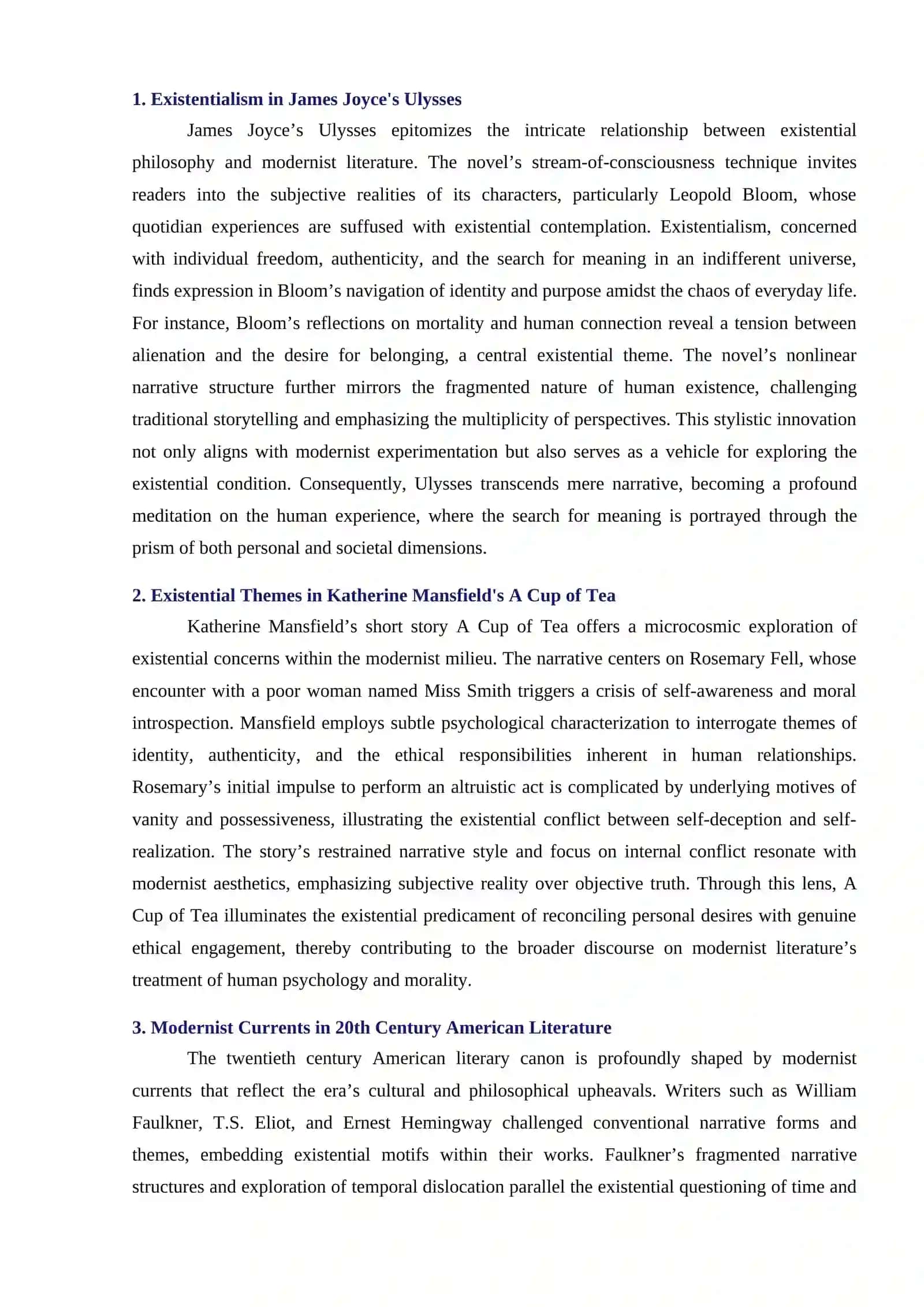 Interpretation of Existentialism in James Joyce's Ulysses, A Cup of Tea, Modernist Currents in 20th Century American Literature, and the Works of Nobel Prize Laureates 2