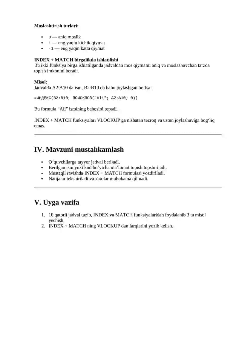 INDEX va MATCH funksiyalari 2