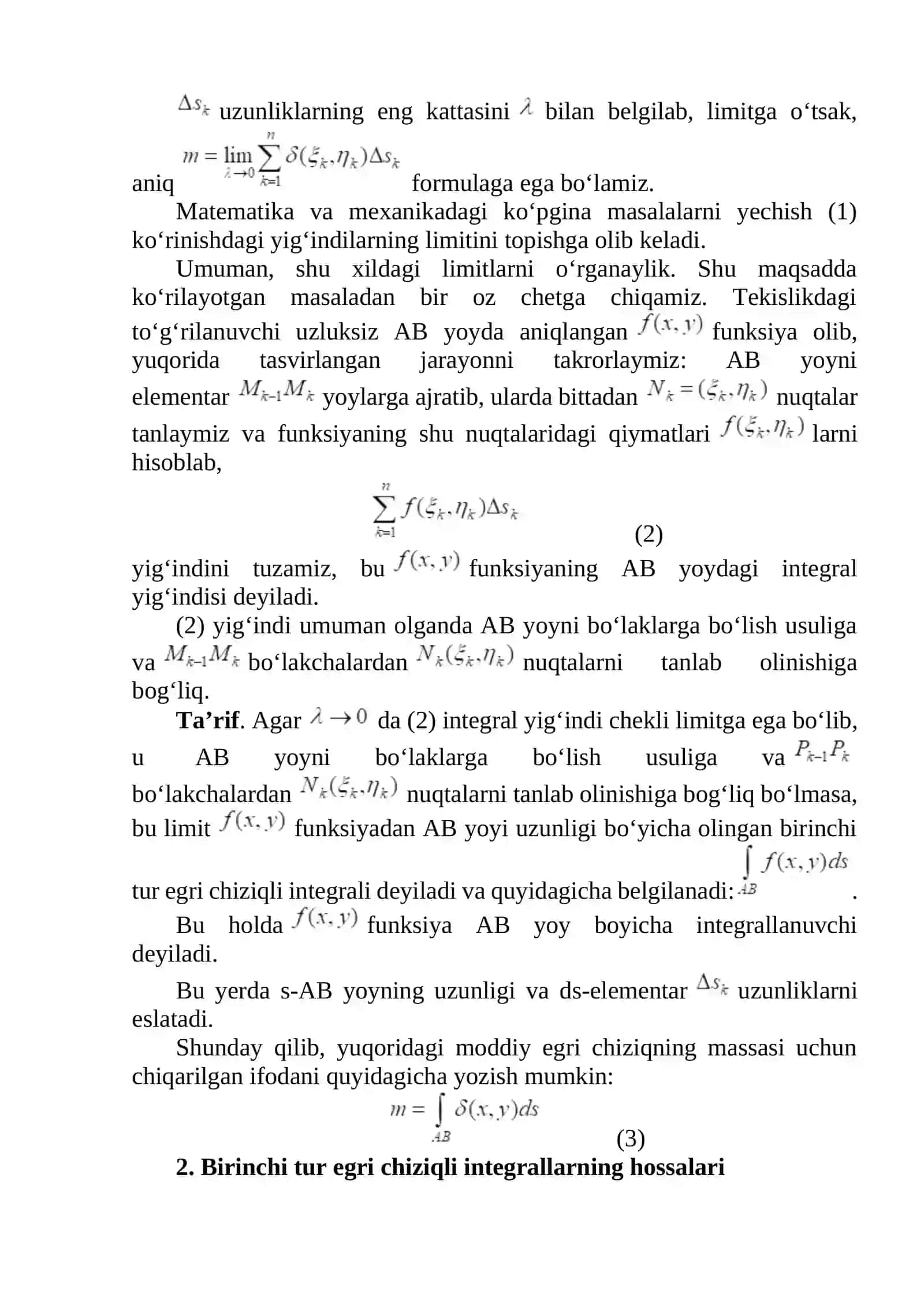 Yoy uzunligi bo'yicha egri chiziq integralning hossalari 2