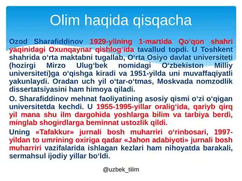 Ozod Sharafiddinovning ilmiy merosidashe'riyat masalalari 2